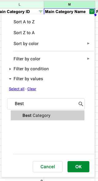 Google Sheets filter by value