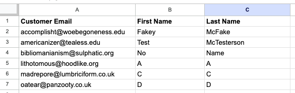 Google Sheets example data with renamed columns