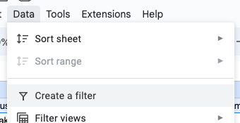 Google Sheets "Create a filter" option