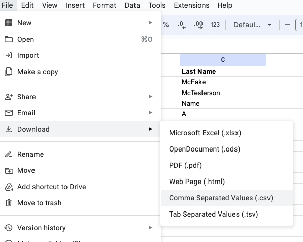 Google Sheets export CSV option