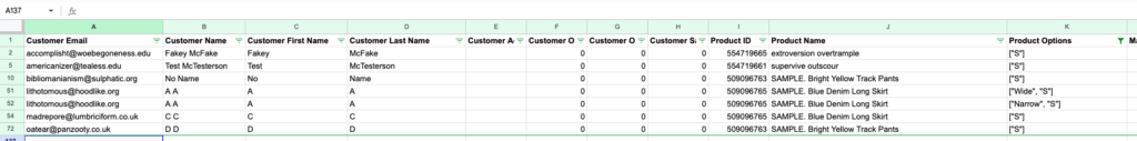 Google Sheets example filtered data