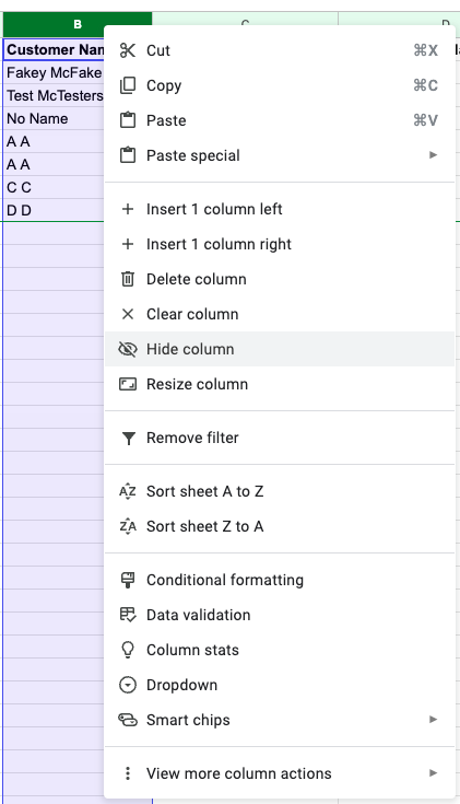 Google Sheets "Hide column" option