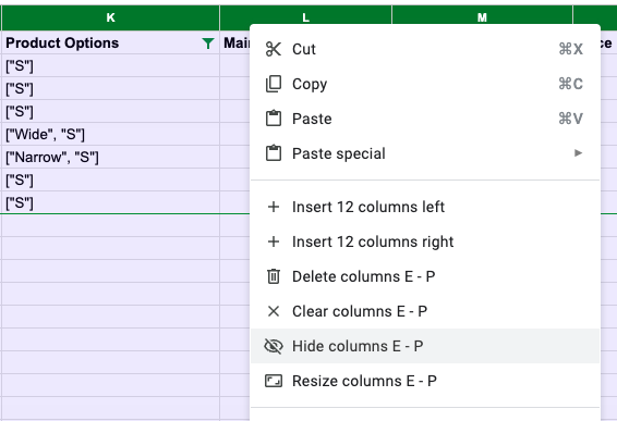 Google Sheets "Hide columns" option