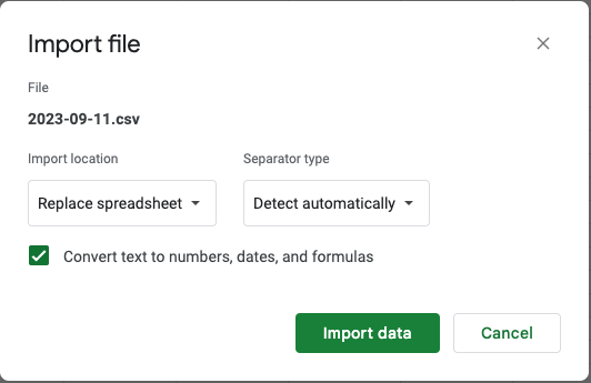 Google Sheets import file settings
