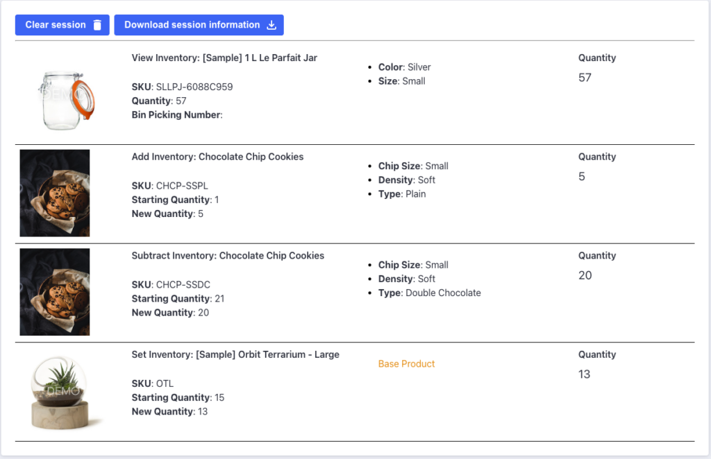 Session list example with results of each action type.