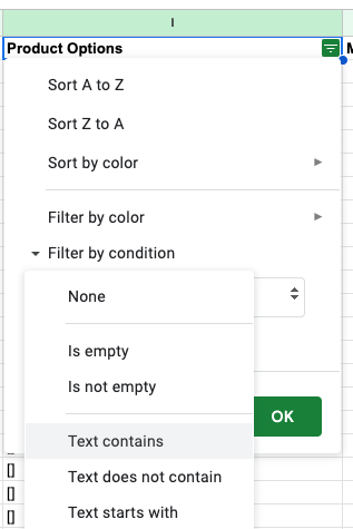 Google Sheets "Text contains" filter option