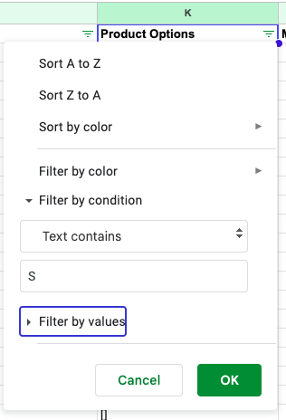 Google Sheets "Text Contains" option